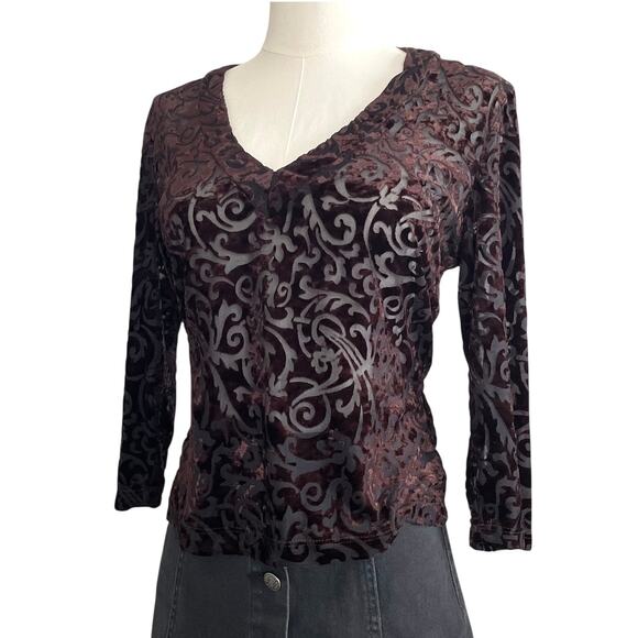 Bebe Moda Burnout Velvet Brown V-Neck Top, Women’s L Whimsygoth Y2K 90s Romantic - Picture 1 of 9